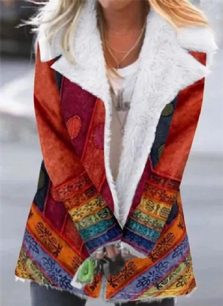 Kvinder Etnisk Print Lapel Fleece Foret Tyk Casual Coat