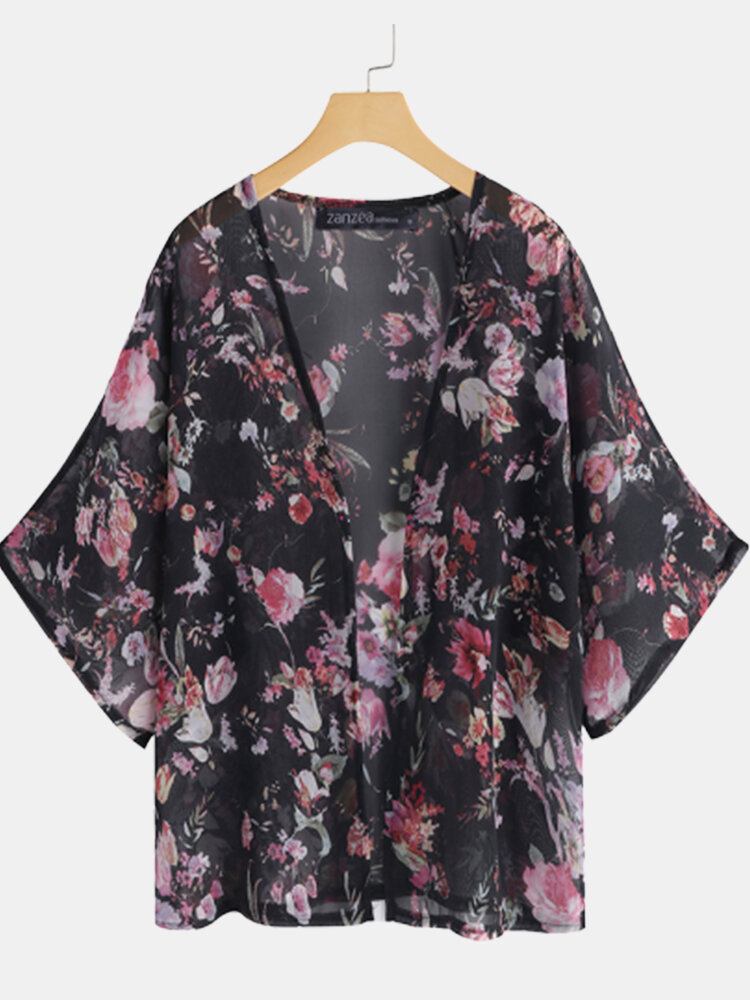 Kvinder Flagermusærmet Blomsterprint Bohemian Style Simple Casual Cardigan