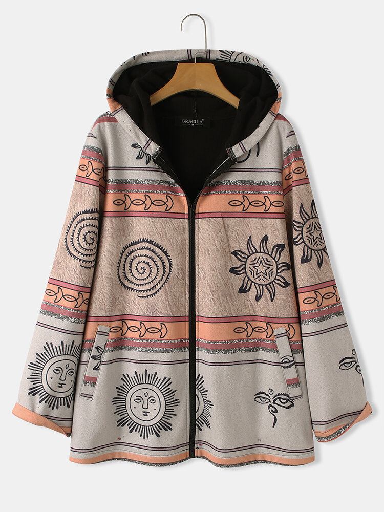 Kvinder Himmelsk Print Zip Up Etnisk Stil Hættefrakker Med Lomme