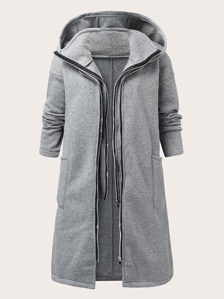 Kvinder Solid Zip Front Fakes 2stk Lomme Hætte Casual Frakke