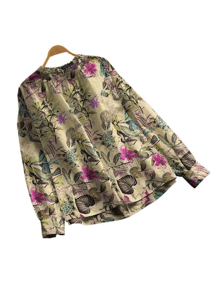 100% Bomuld Løs O-hals Raglan Bluse Med Fuld Ærmer Med Blomstertryk