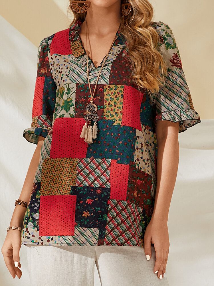 100% Bomuld Patchwork Printet Casual Bluse Til Kvinder