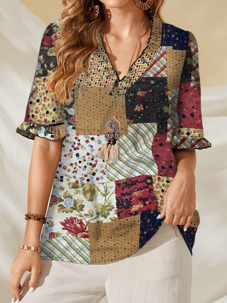 100% Bomuld Patchwork Printet Casual Bluse Til Kvinder