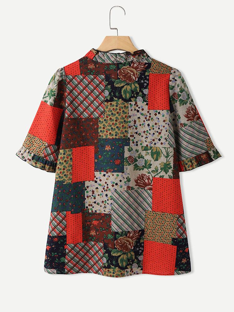 100% Bomuld Patchwork Printet Casual Bluse Til Kvinder