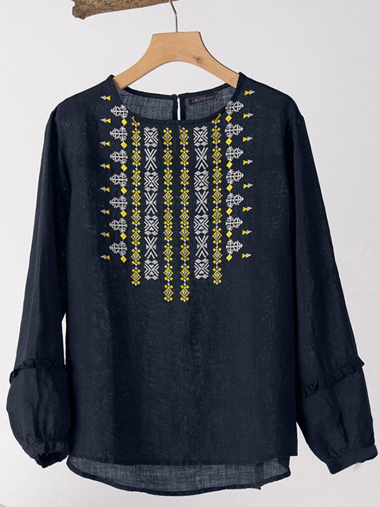 100% Bomuld Puff-ærmer Løs Fit Back Knap Broderi Geometrisk Bluse Til Damer