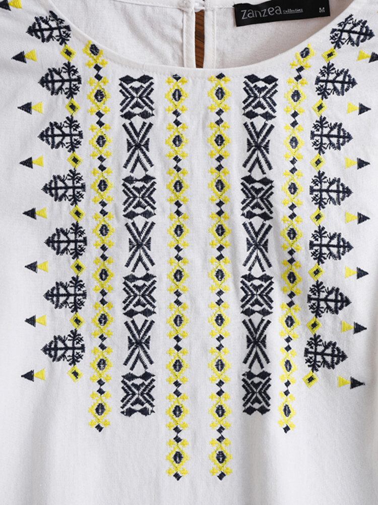 100% Bomuld Puff-ærmer Løs Fit Back Knap Broderi Geometrisk Bluse Til Damer