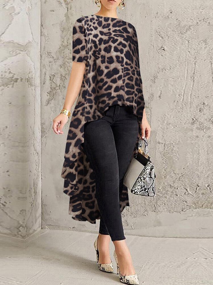 100% Polyester Leopard Print High Low Bluse Til Damer