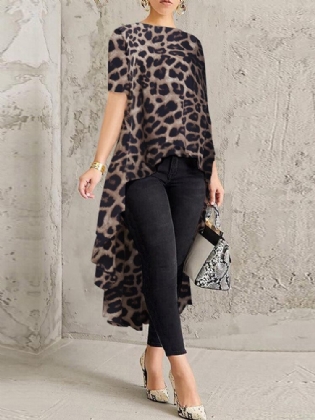 100% Polyester Leopard Print High Low Bluse Til Damer