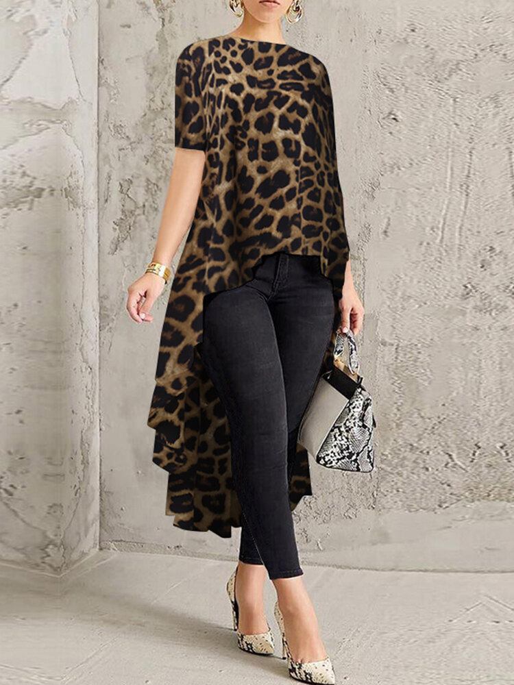 100% Polyester Leopard Print High Low Bluse Til Damer