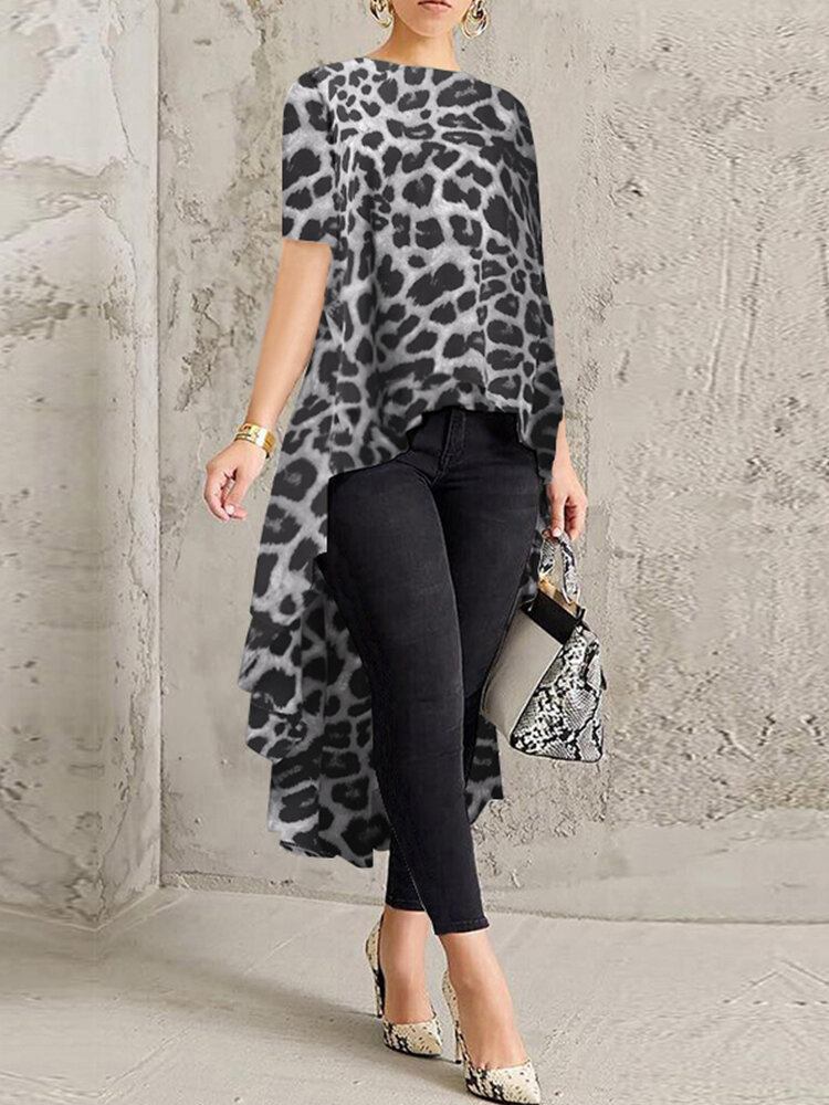 100% Polyester Leopard Print High Low Bluse Til Damer