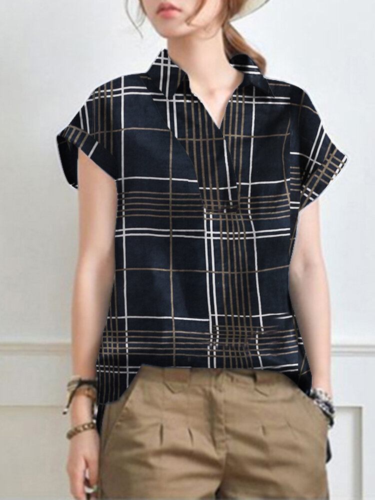 Abstrakt Malet Brev Plaid Kortærmet Casual Bluse