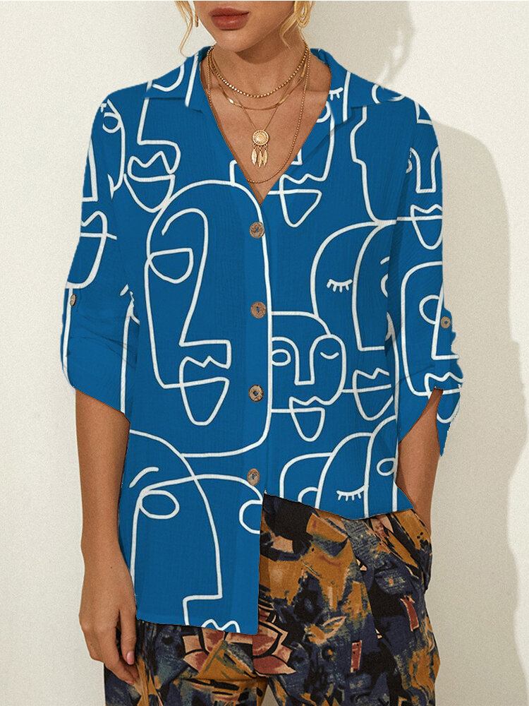 Abstrakt Mønster Print Langærmet Lapel Button Casual Bluse Til Kvinder