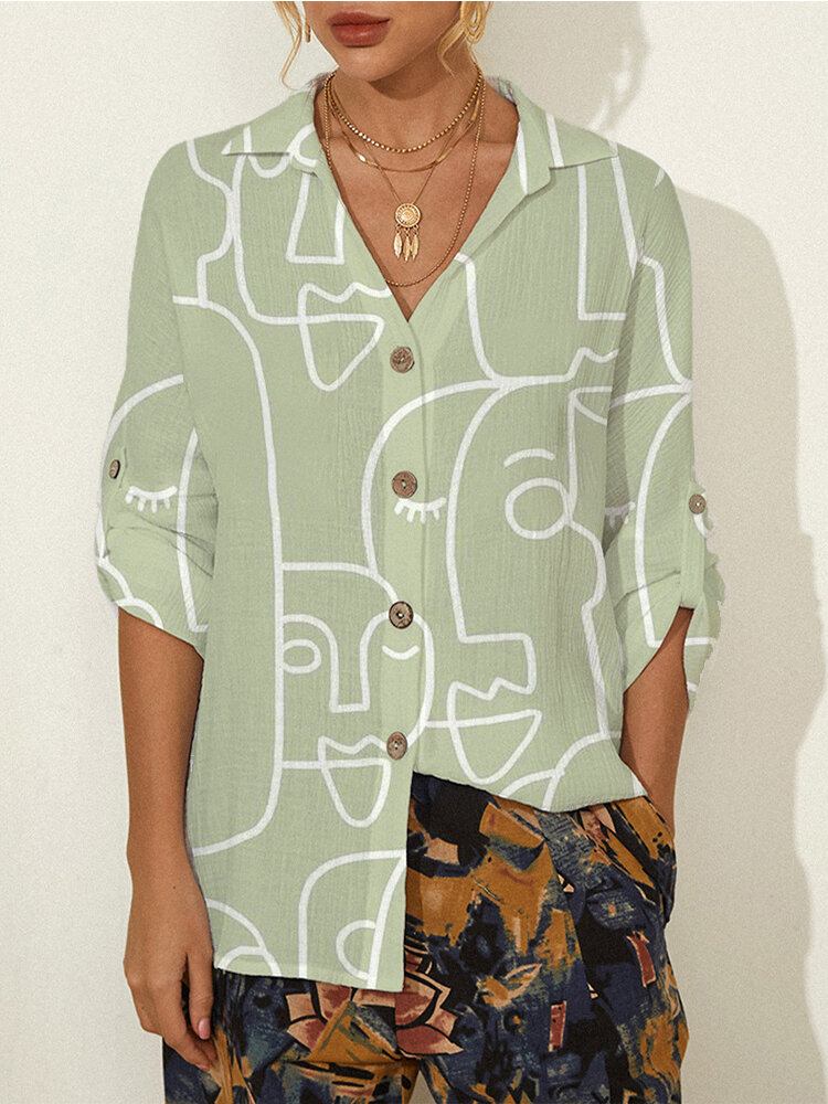 Abstrakt Mønster Print Langærmet Lapel Button Casual Bluse Til Kvinder