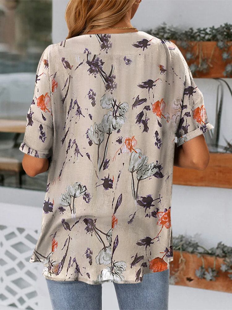 Blomsterprint V-hals Kortærmet Casual Bluse Til Damer