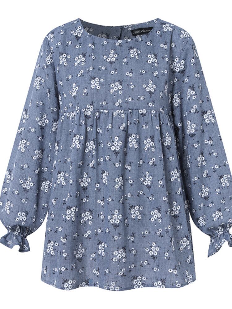 Blomstertrykt Flare-ærmet Elastisk Manchet Bohemian Casual Bluse Til Kvinder