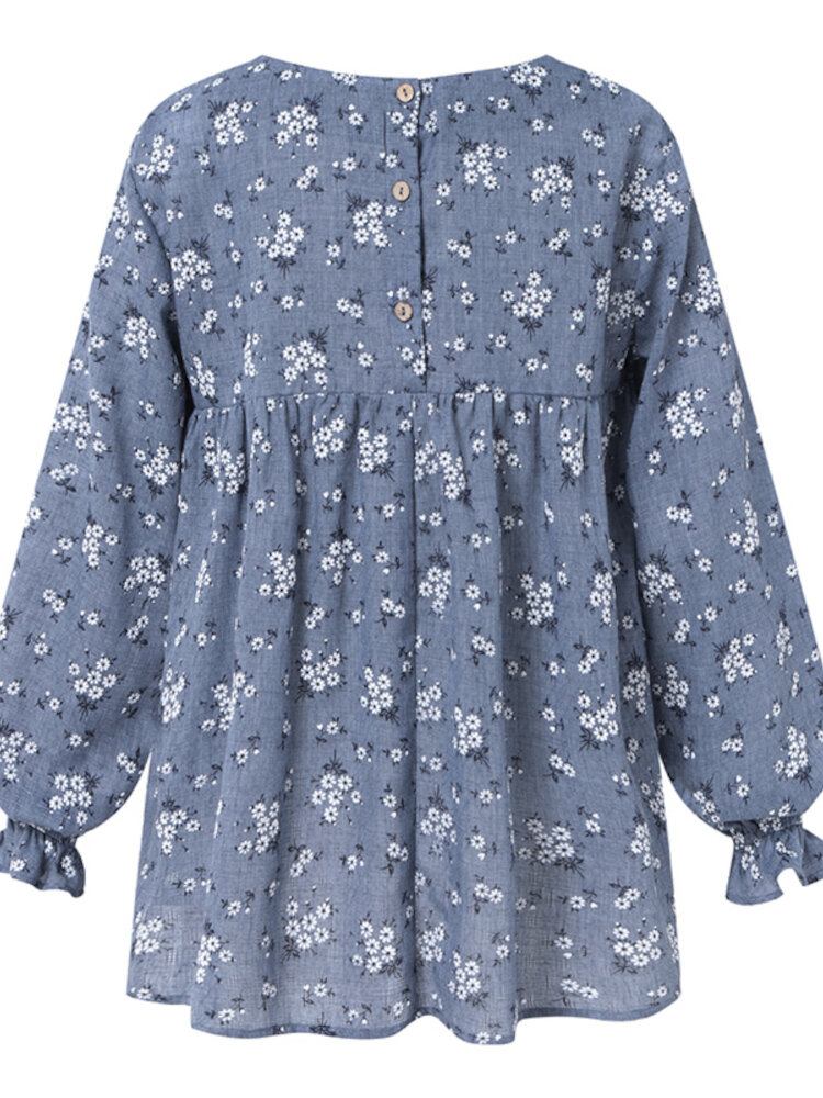 Blomstertrykt Flare-ærmet Elastisk Manchet Bohemian Casual Bluse Til Kvinder