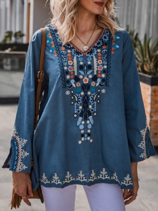 Bohemian Floral Print V-hals Langærmet Holiday Etnisk Bluse Til Damer