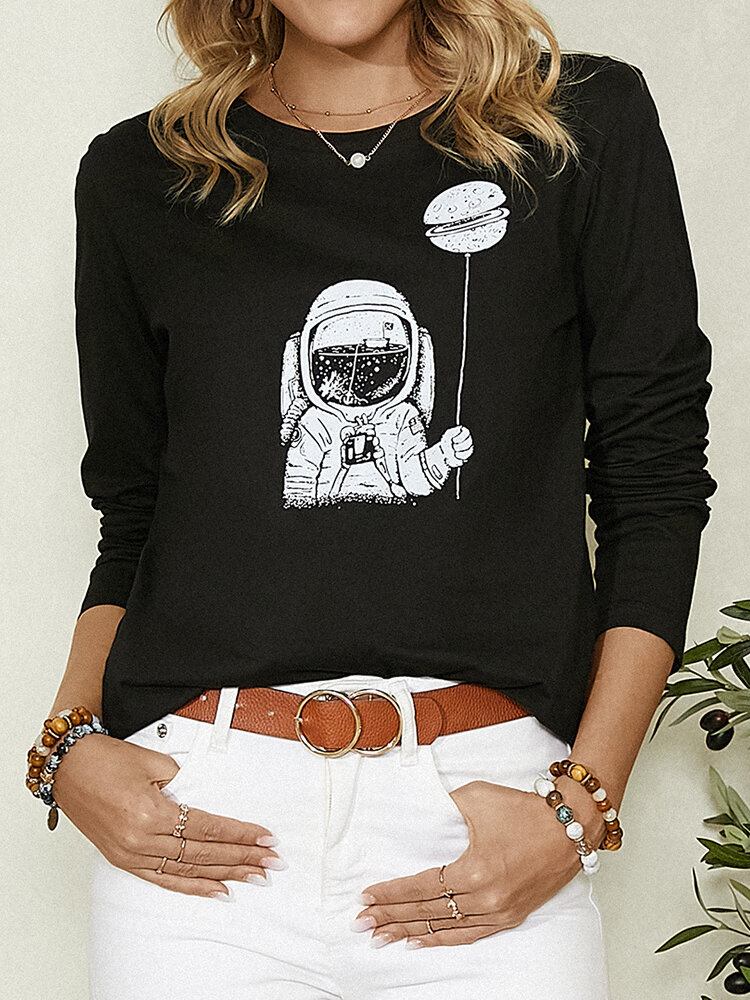 Cartoon Astronaut Print Langærmet O-hals Simple Casual Bluse Til Kvinder