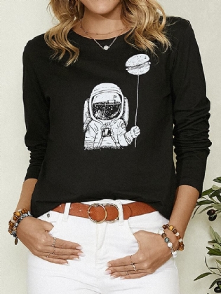 Cartoon Astronaut Print Langærmet O-hals Simple Casual Bluse Til Kvinder