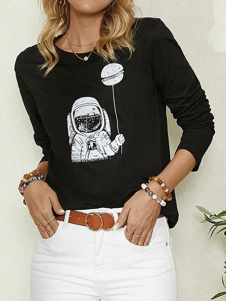 Cartoon Astronaut Print Langærmet O-hals Simple Casual Bluse Til Kvinder