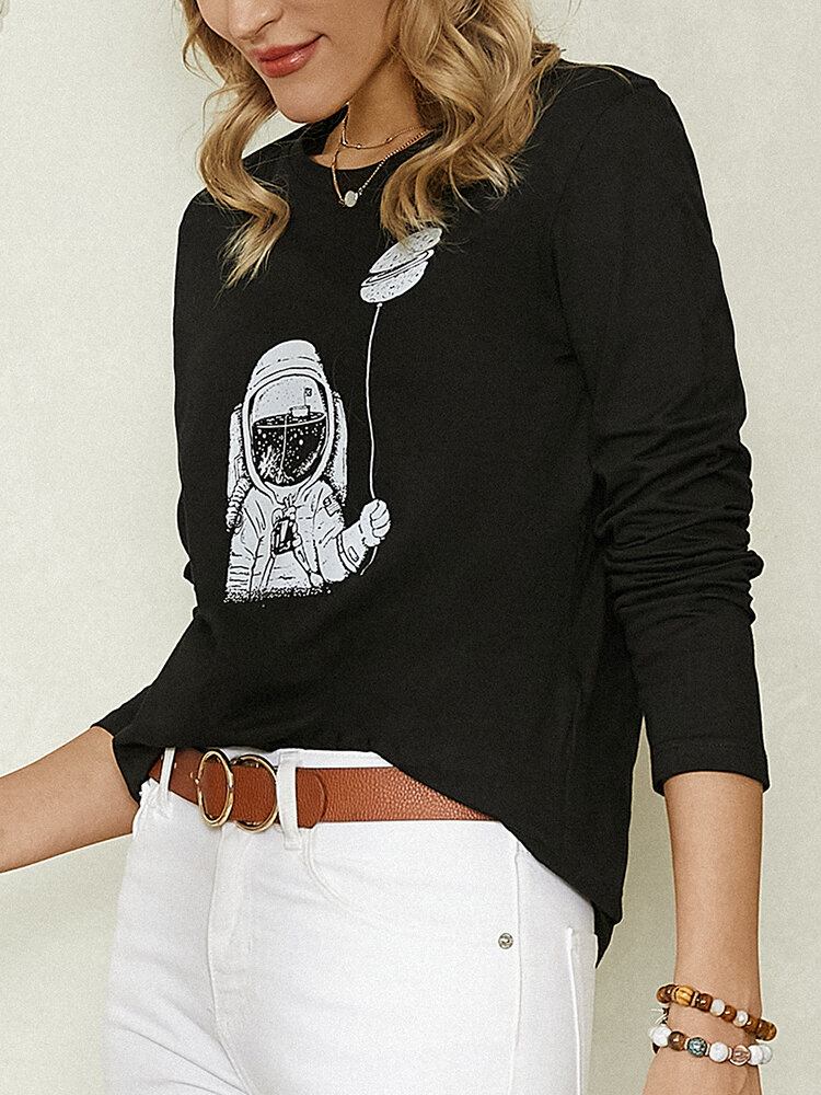 Cartoon Astronaut Print Langærmet O-hals Simple Casual Bluse Til Kvinder