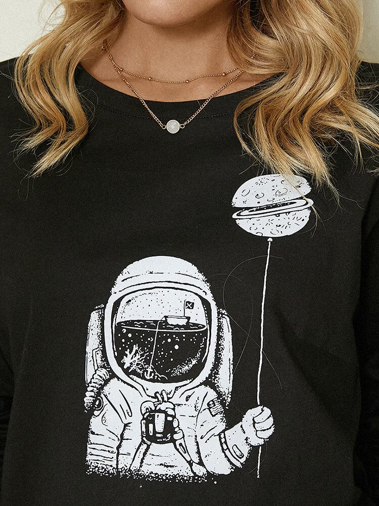 Cartoon Astronaut Print Langærmet O-hals Simple Casual Bluse Til Kvinder