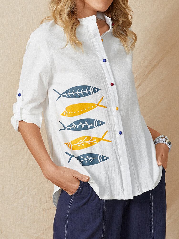 Cartoon Fish Print Knap Stand Krave Langærmet Casual Bluse Til Kvinder