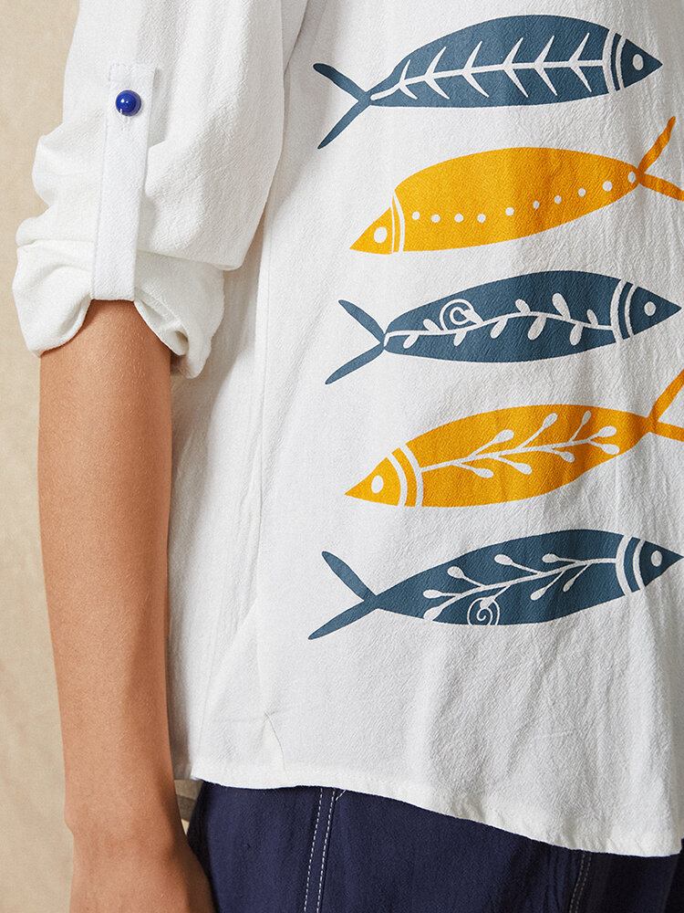 Cartoon Fish Print Knap Stand Krave Langærmet Casual Bluse Til Kvinder