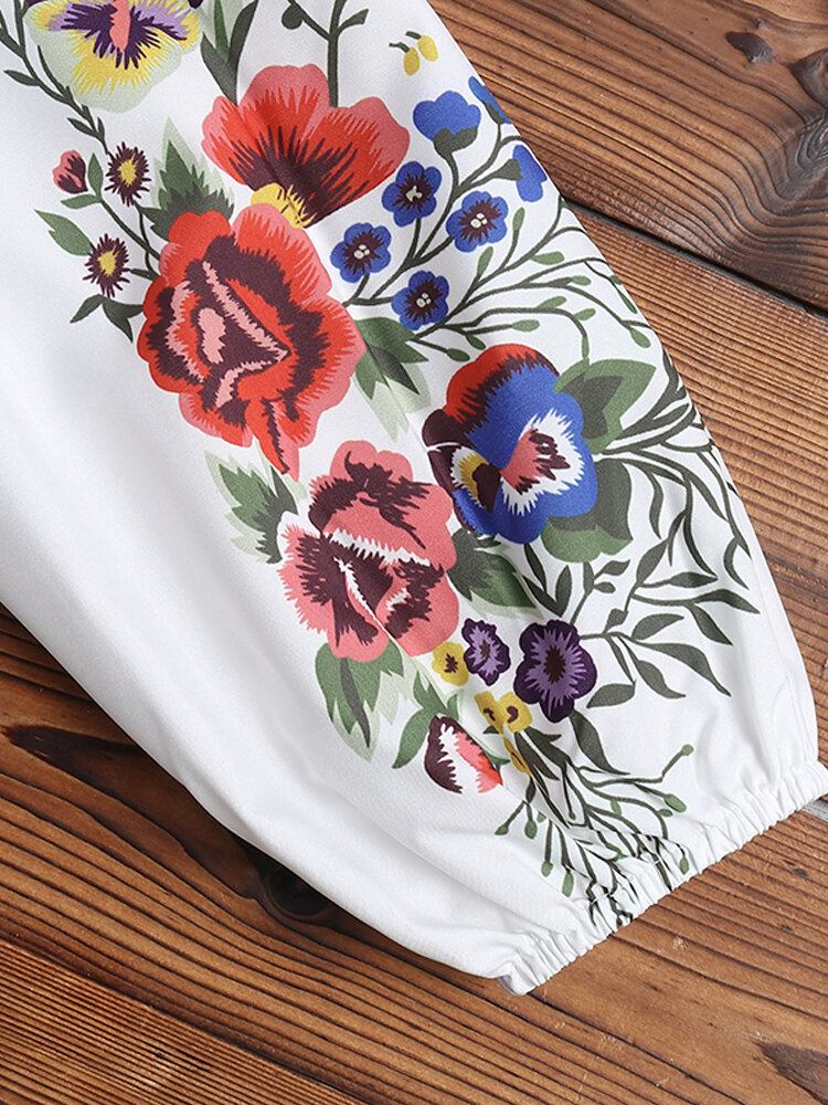 Casual Blomsterprint V-hals Langærmede Elastiske Manchetter Etnisk Stil Løs Button Bluse