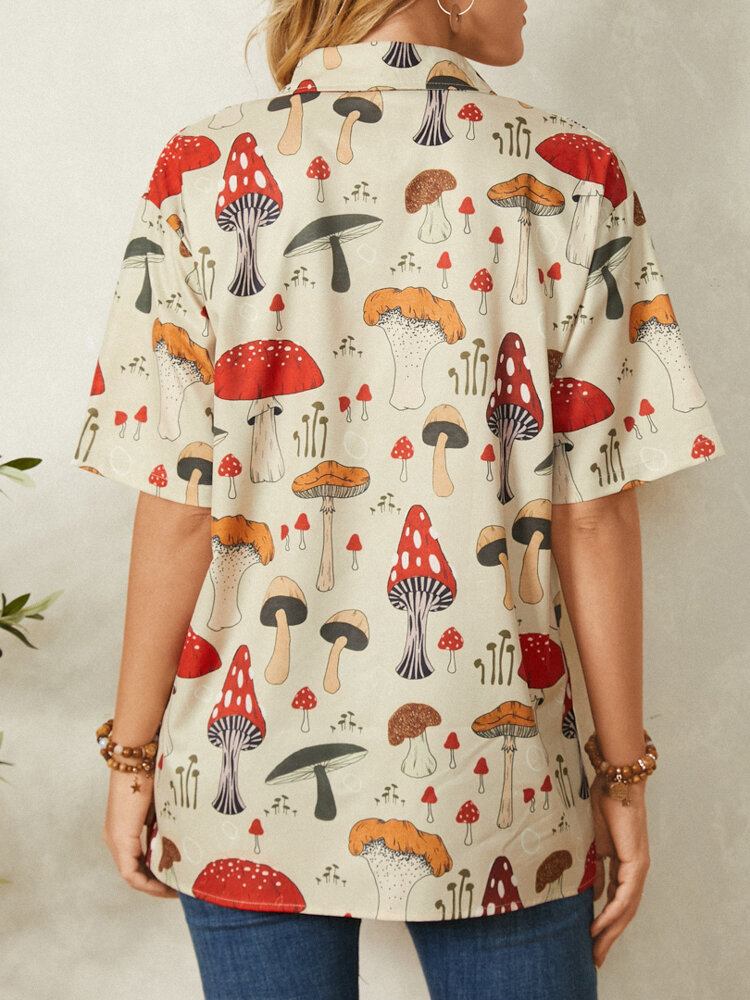 Casual Mushroom Print Reverskrave Halværmet Knapbluse Til Kvinder