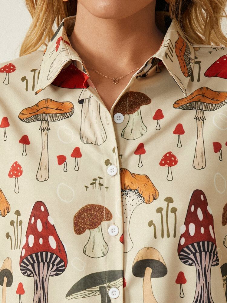 Casual Mushroom Print Reverskrave Halværmet Knapbluse Til Kvinder