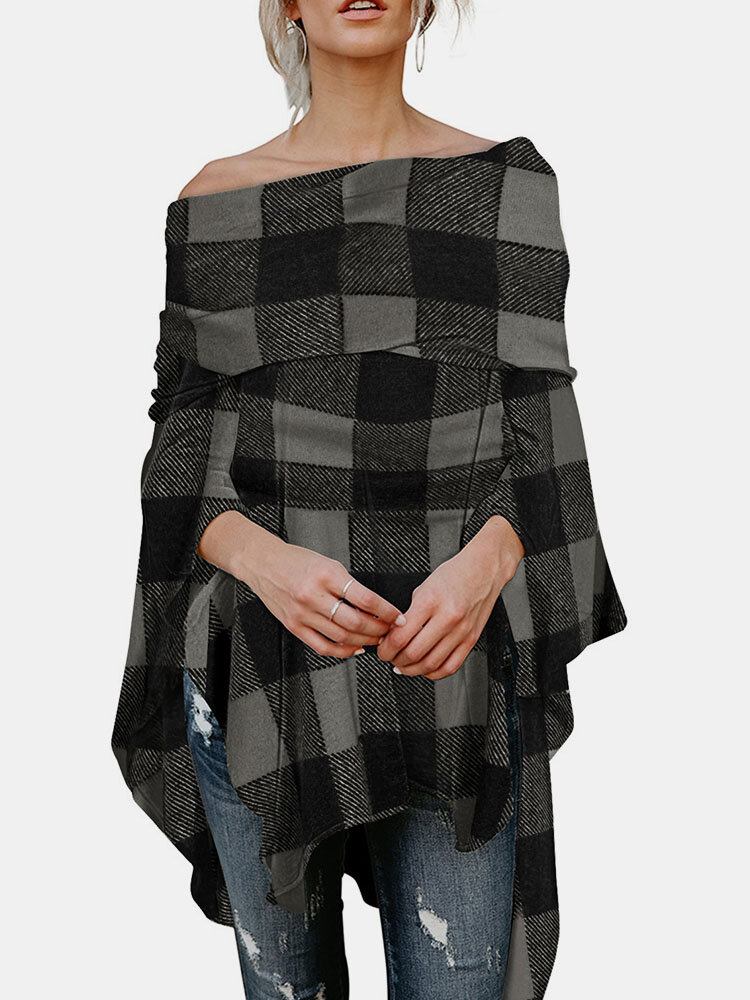 Check Print Høj-lav Off Skulder Cape Bluse