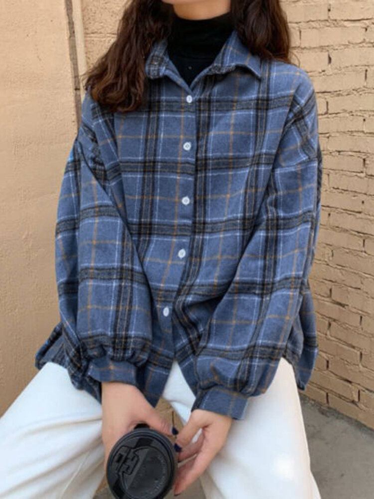 Corduroy Plaid Vintage Bat Sleeve Button Down Front Løs Skjorte Til Kvinder