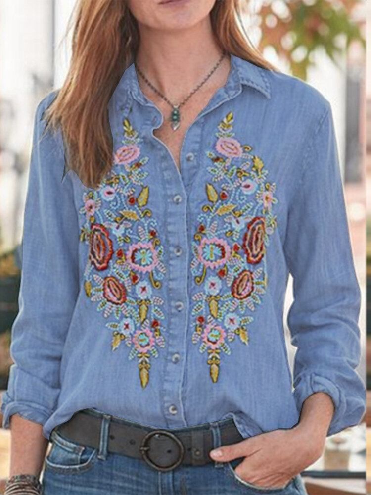 Daily Brodery Creative Button Lapel Løs Jean Shirt For Women