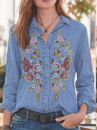 Daily Brodery Creative Button Lapel Løs Jean Shirt For Women