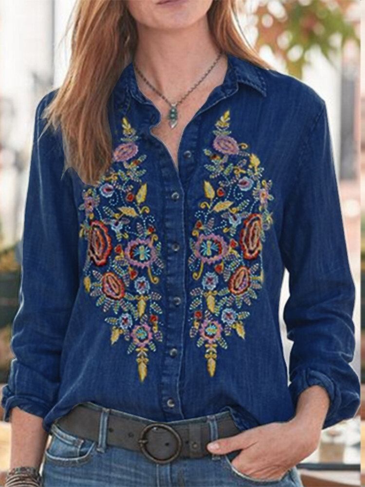 Daily Brodery Creative Button Lapel Løs Jean Shirt For Women