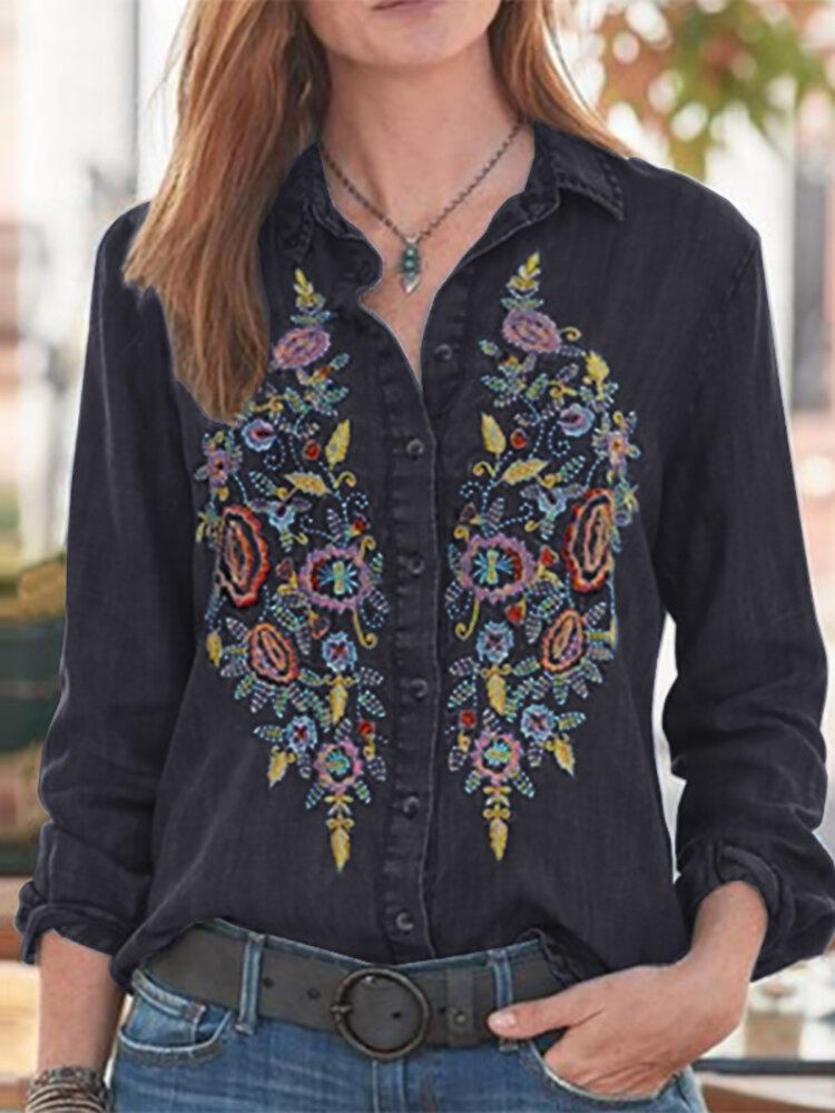 Daily Brodery Creative Button Lapel Løs Jean Shirt For Women