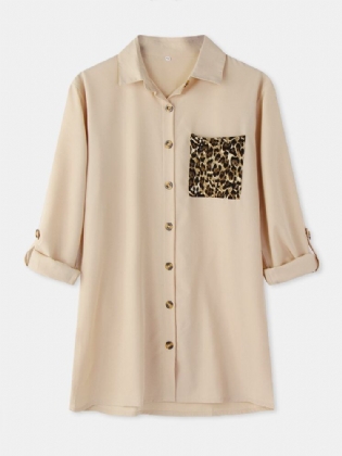 Dame Leopard Patchwork Pocket Laprl Langærmet Afslappet Skjorte