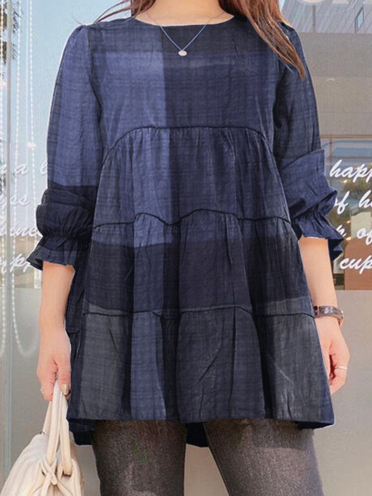 Dame Plaid Pufærmer Løs Splejsning O-hals Plisserede Almindelige Casual Bluser