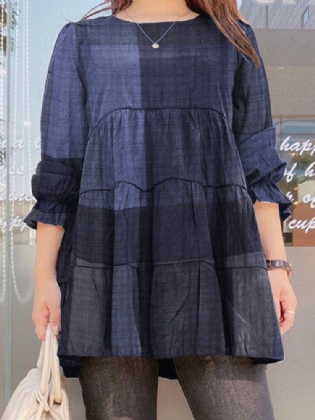 Dame Plaid Pufærmer Løs Splejsning O-hals Plisserede Almindelige Casual Bluser