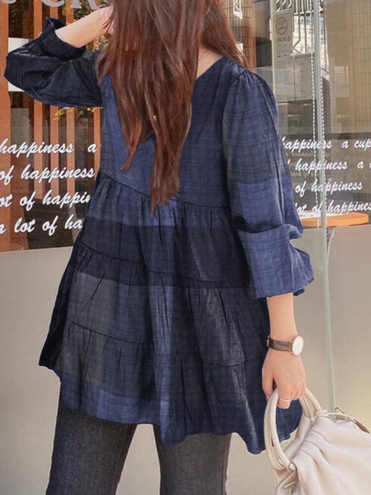 Dame Plaid Pufærmer Løs Splejsning O-hals Plisserede Almindelige Casual Bluser