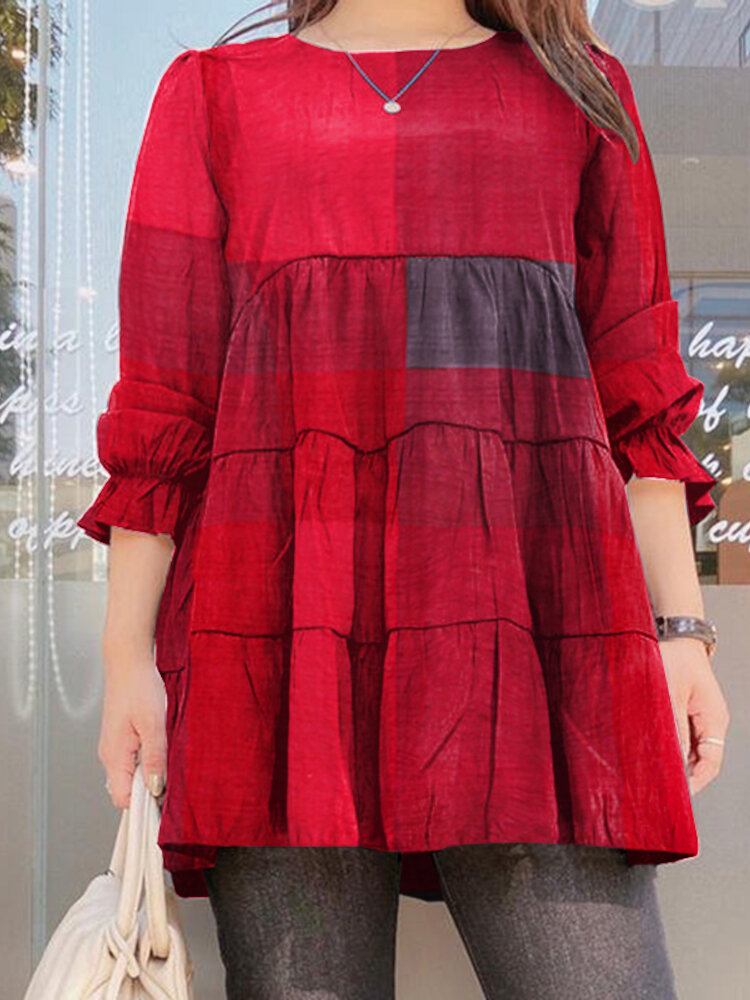 Dame Plaid Pufærmer Løs Splejsning O-hals Plisserede Almindelige Casual Bluser