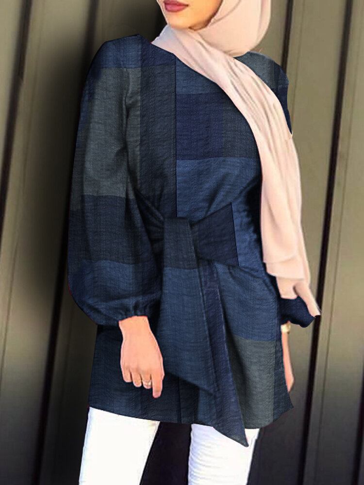 Dame Plaid Rund Hals Snøre Elastiske Manchetter Tunika Kaftan Casual Langærmede Bluser