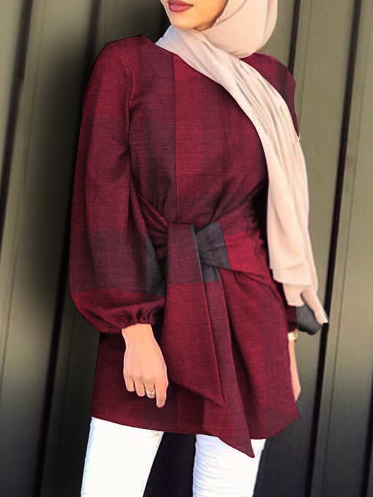 Dame Plaid Rund Hals Snøre Elastiske Manchetter Tunika Kaftan Casual Langærmede Bluser