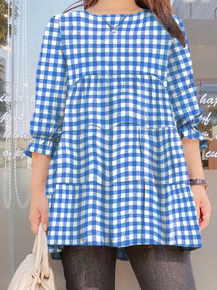 Dame Pufærmer O-hals Splejset Plaid Casual Løs Bluse