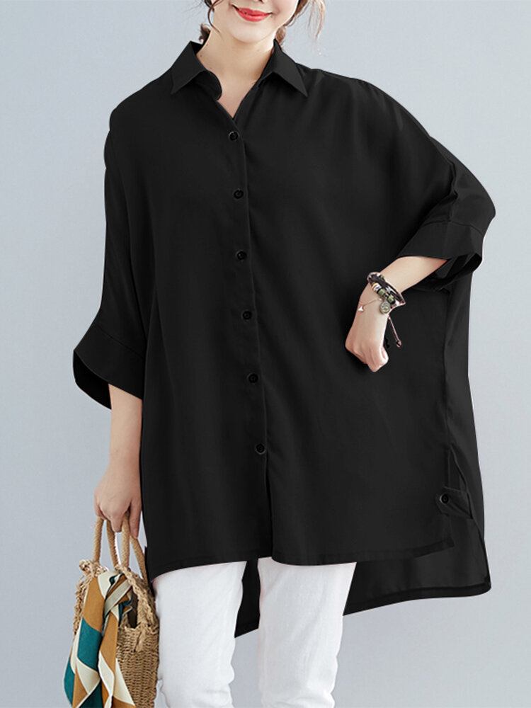 Dame Solid Button High-low Hem Batwing Sleeve Lapel Collar Shirt