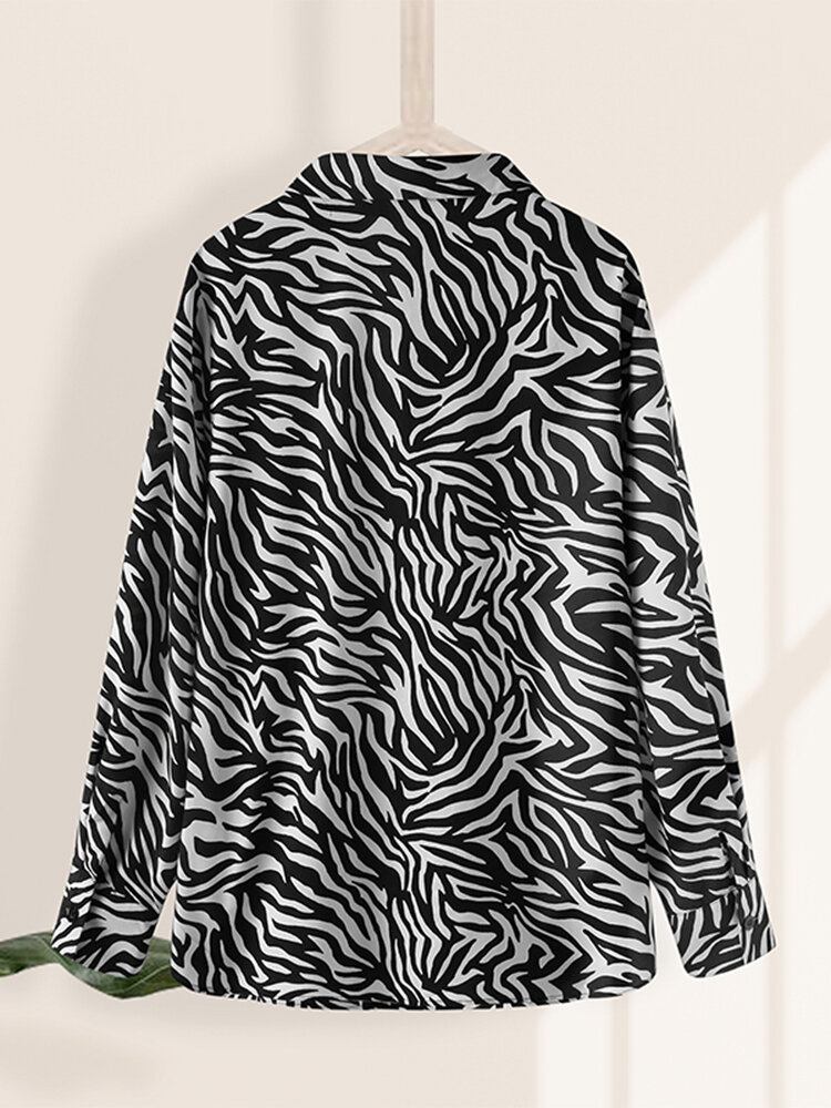 Dame Zebra Mønster Lapel Langærmet Casual Skjorte