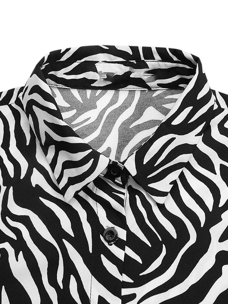 Dame Zebra Mønster Lapel Langærmet Casual Skjorte