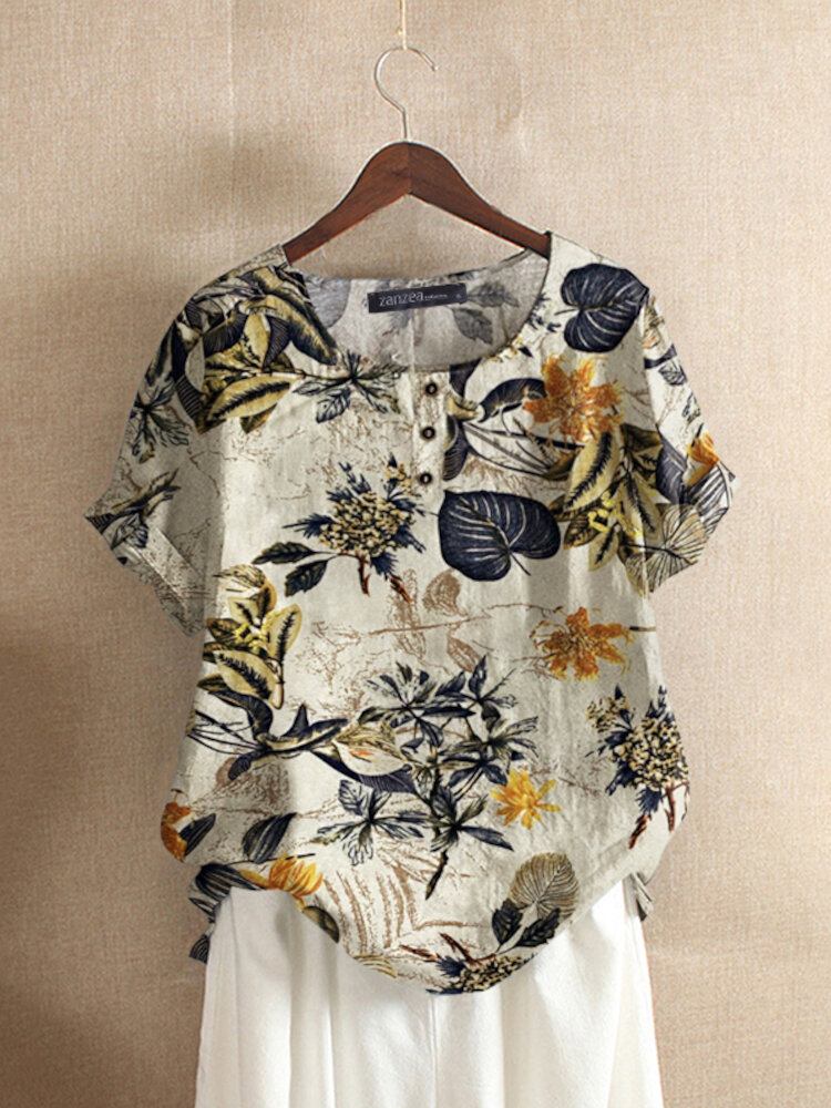 Damer 100% Bomuld O-hals Løs Blomstret Casual Bluse