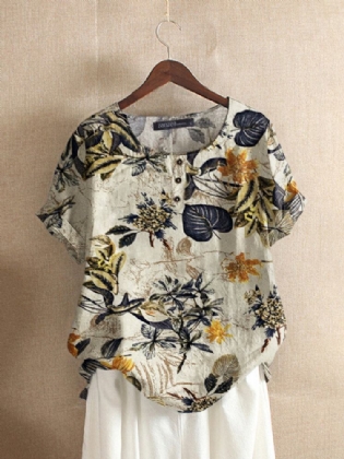 Damer 100% Bomuld O-hals Løs Blomstret Casual Bluse